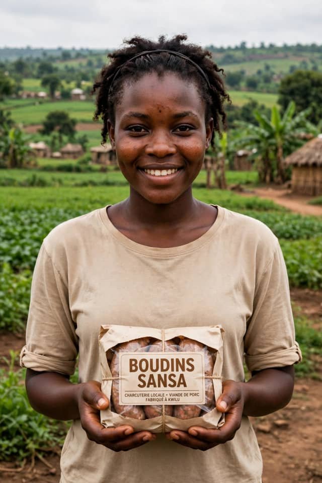 Jeune femme présentant une boîte de Boudins Sansa